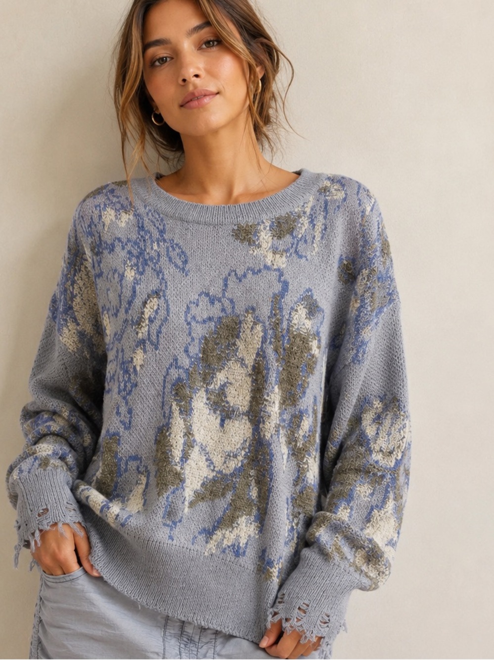 81.NWT $148 Anthropologie Lana blended  Relaxed Floral Knit Sweater in Dusty Bl